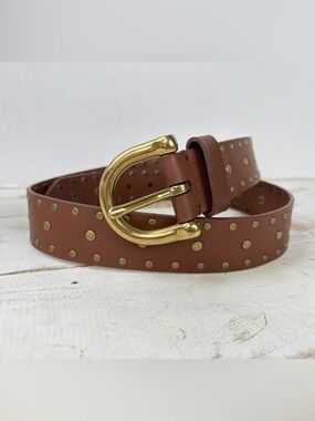 PERRY ELLIS faux leather belt casual brown gold studs vintage Y2K women’s sz L